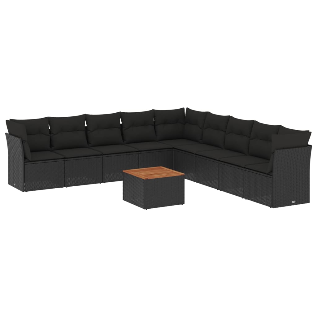 10 Piece Garden Sofa Set with Cushions Black Poly Rattan