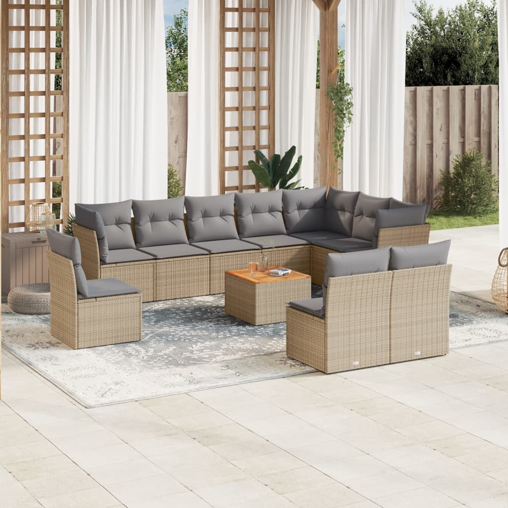 11 Piece Garden Sofa Set with Cushions Beige Poly Rattan