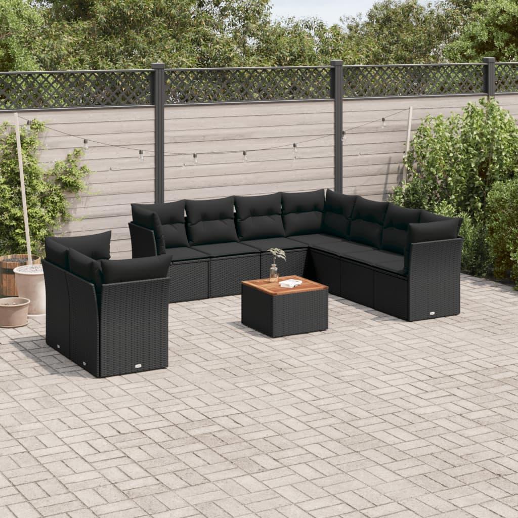 10 Piece Garden Sofa Set with Cushions Black Poly Rattan