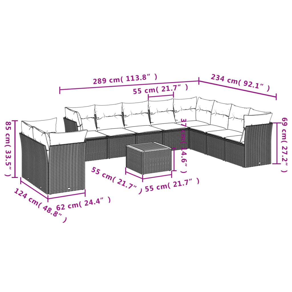 11 Piece Garden Sofa Set with Cushions Beige Poly Rattan