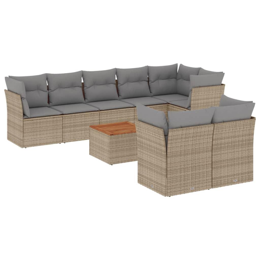 9 Piece Garden Sofa Set with Cushions Beige Poly Rattan