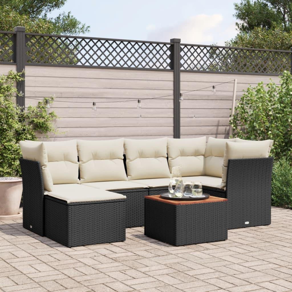 7 Piece Garden Sofa Set with Cushions Black Poly Rattan