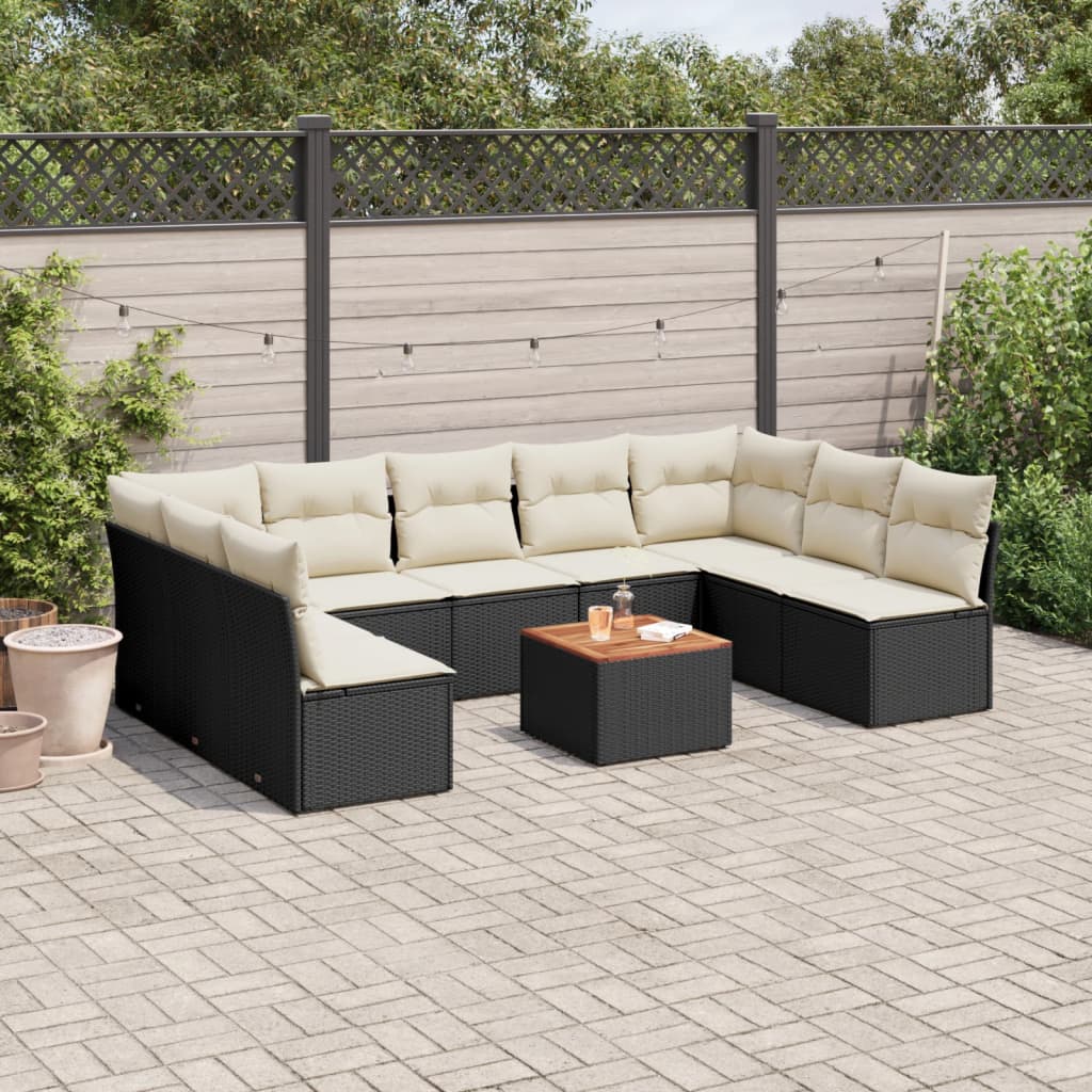 10 Piece Garden Sofa Set with Cushions Black Poly Rattan