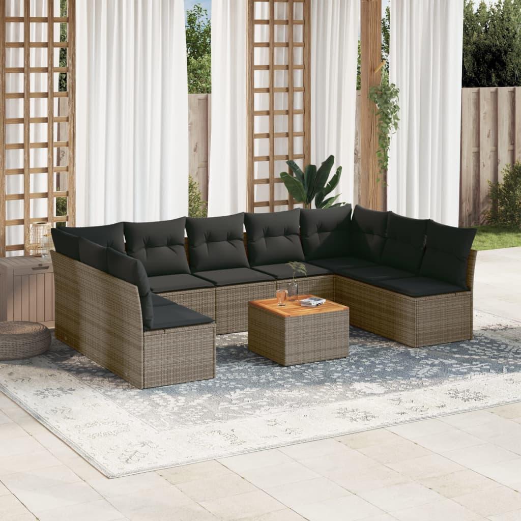 10 Piece Garden Sofa Set with Cushions Grey Poly Rattan