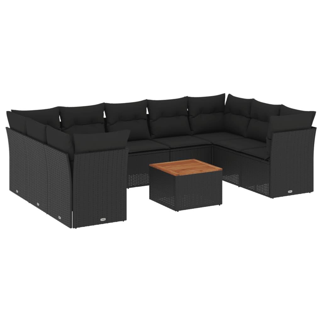 10 Piece Garden Sofa Set with Cushions Black Poly Rattan