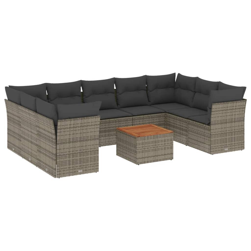 10 Piece Garden Sofa Set with Cushions Grey Poly Rattan