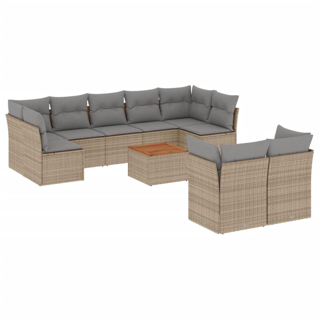 10 Piece Garden Sofa Set with Cushions Beige Poly Rattan