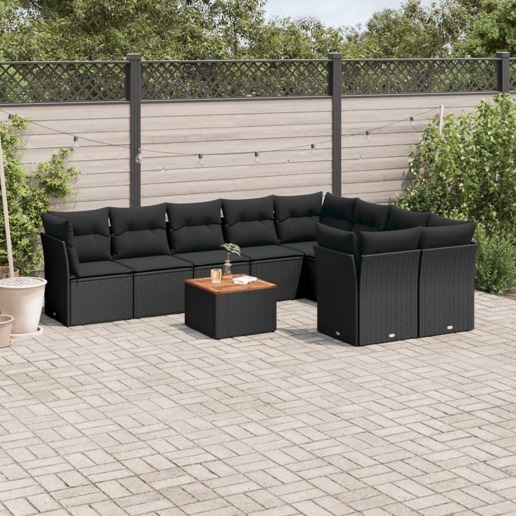 10 Piece Garden Sofa Set with Cushions Black Poly Rattan