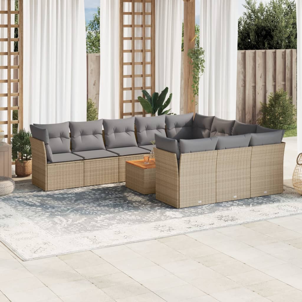 11 Piece Garden Sofa Set with Cushions Beige Poly Rattan