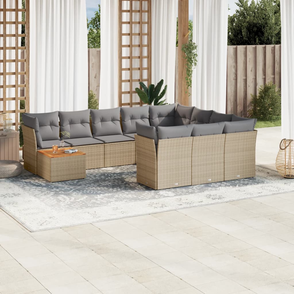 11 Piece Garden Sofa Set with Cushions Beige Poly Rattan