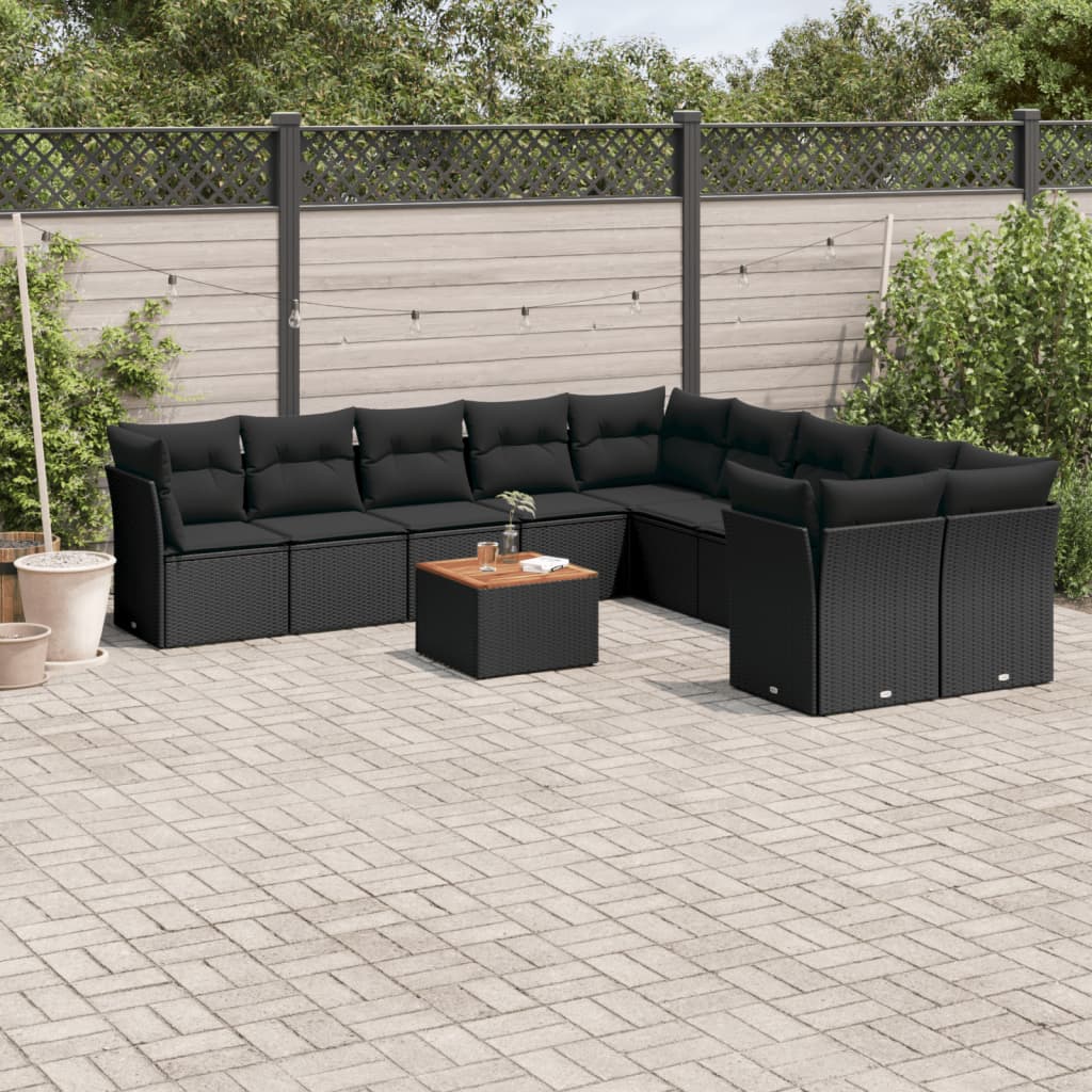 11 Piece Garden Sofa Set with Cushions Black Poly Rattan