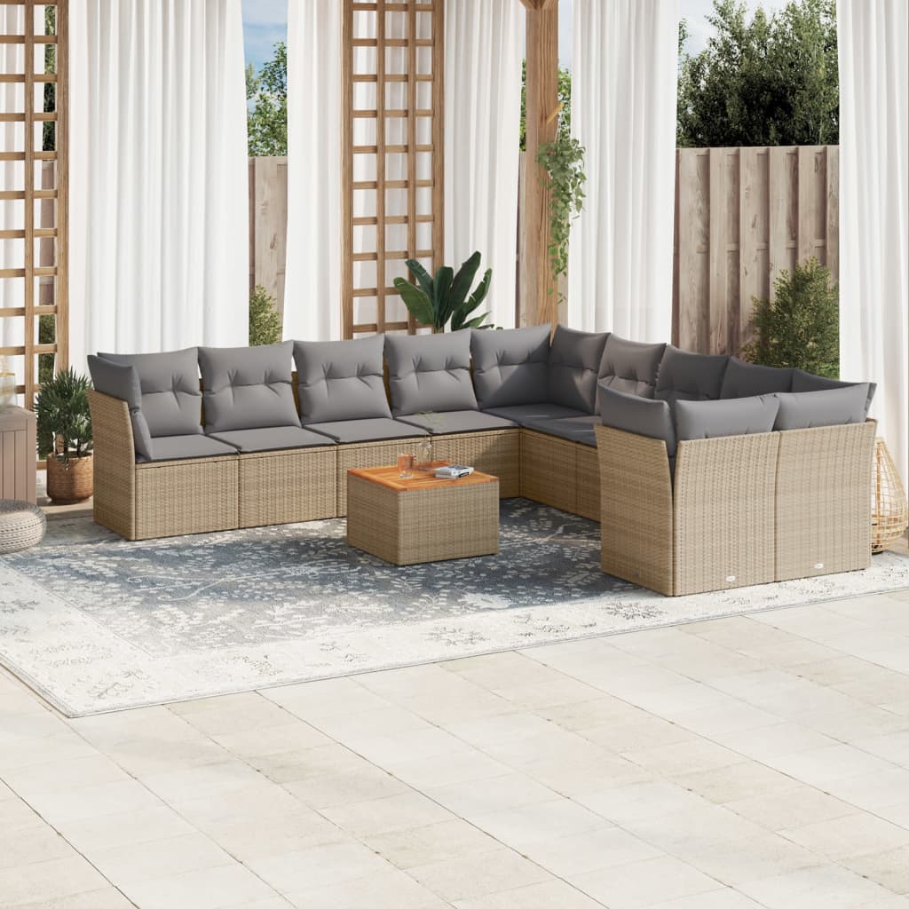 11 Piece Garden Sofa Set with Cushions Beige Poly Rattan