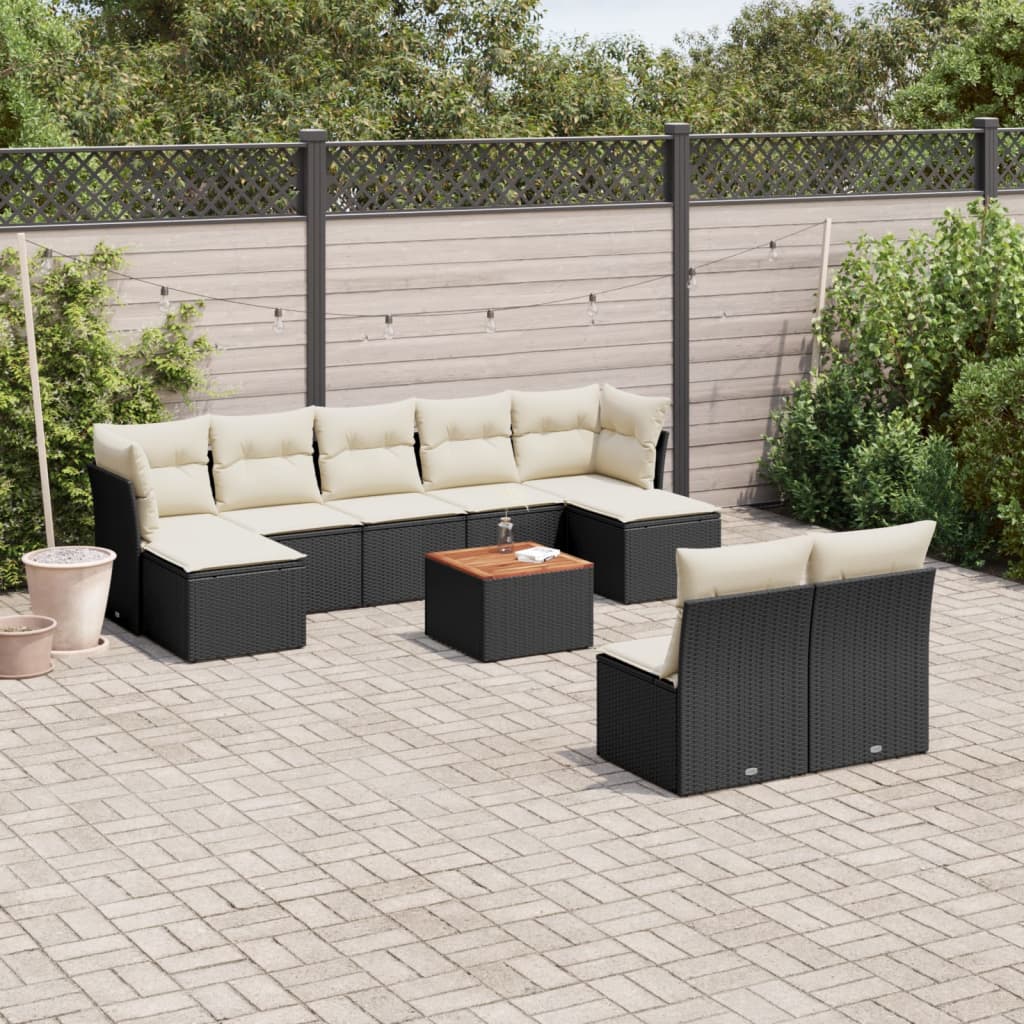 10 Piece Garden Sofa Set with Cushions Black Poly Rattan