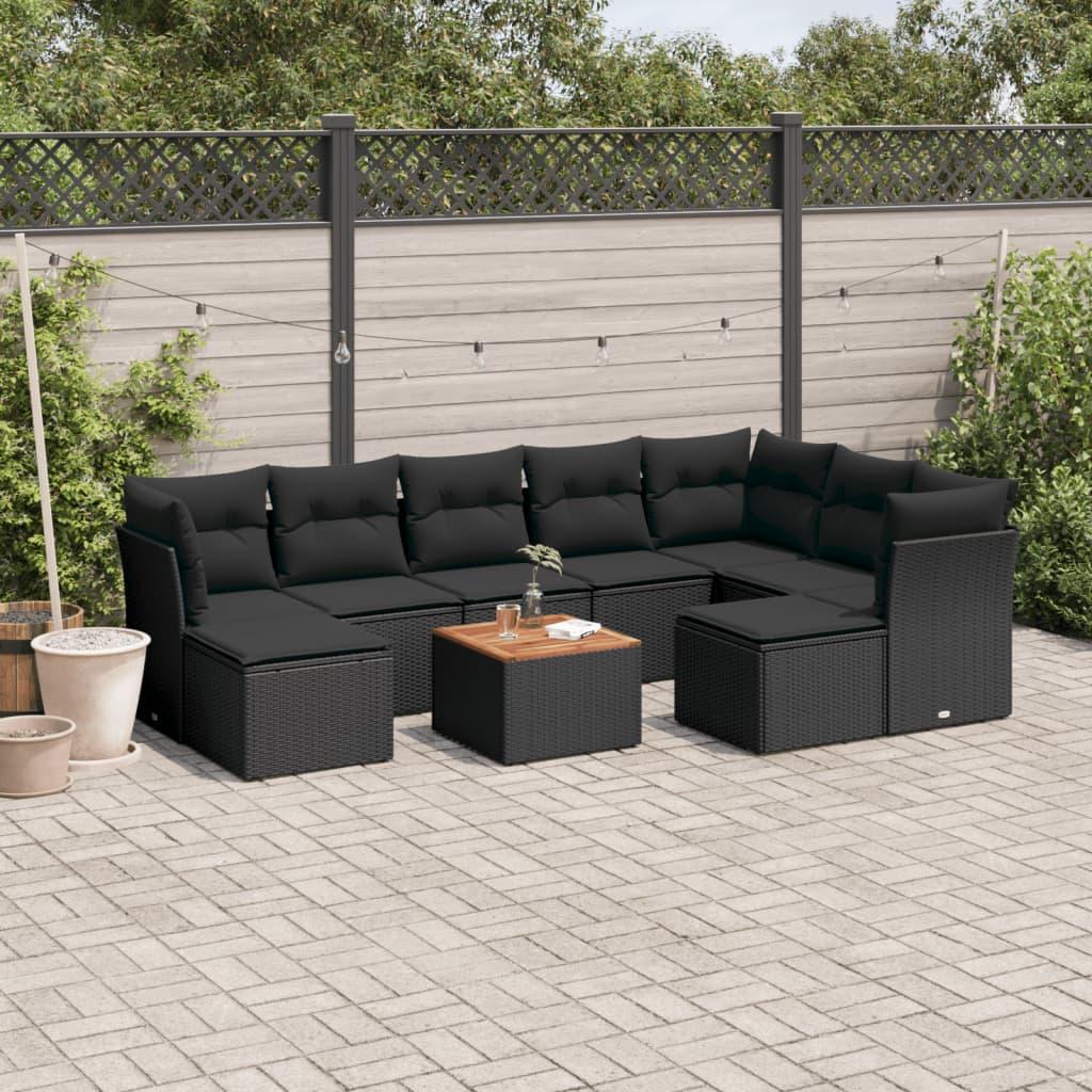 10 Piece Garden Sofa Set with Cushions Black Poly Rattan