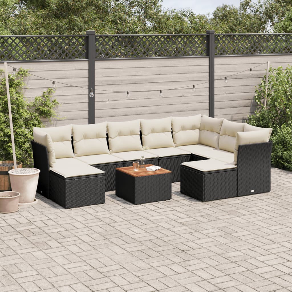 10 Piece Garden Sofa Set with Cushions Black Poly Rattan