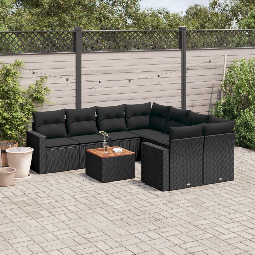 9 Piece Garden Sofa Set with Cushions Black Poly Rattan