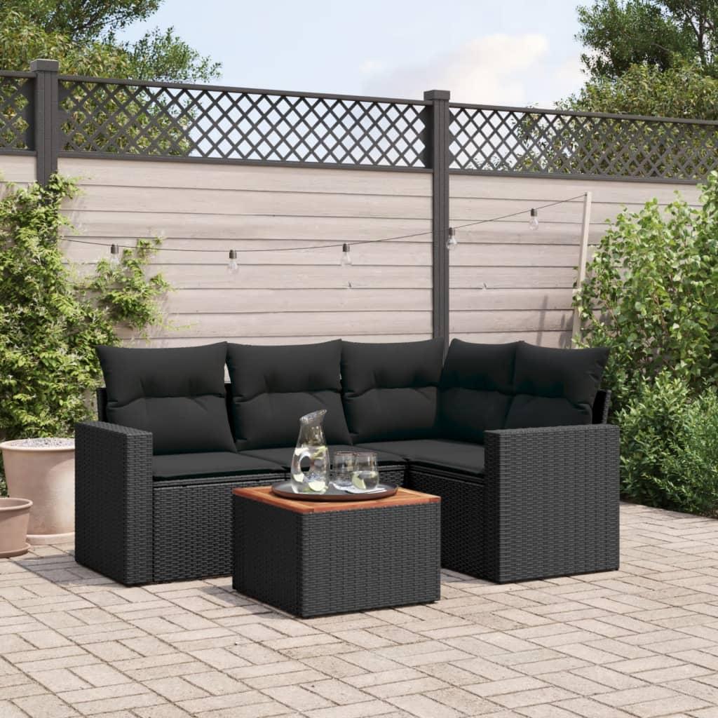 5 Piece Garden Sofa Set with Cushions Black Poly Rattan