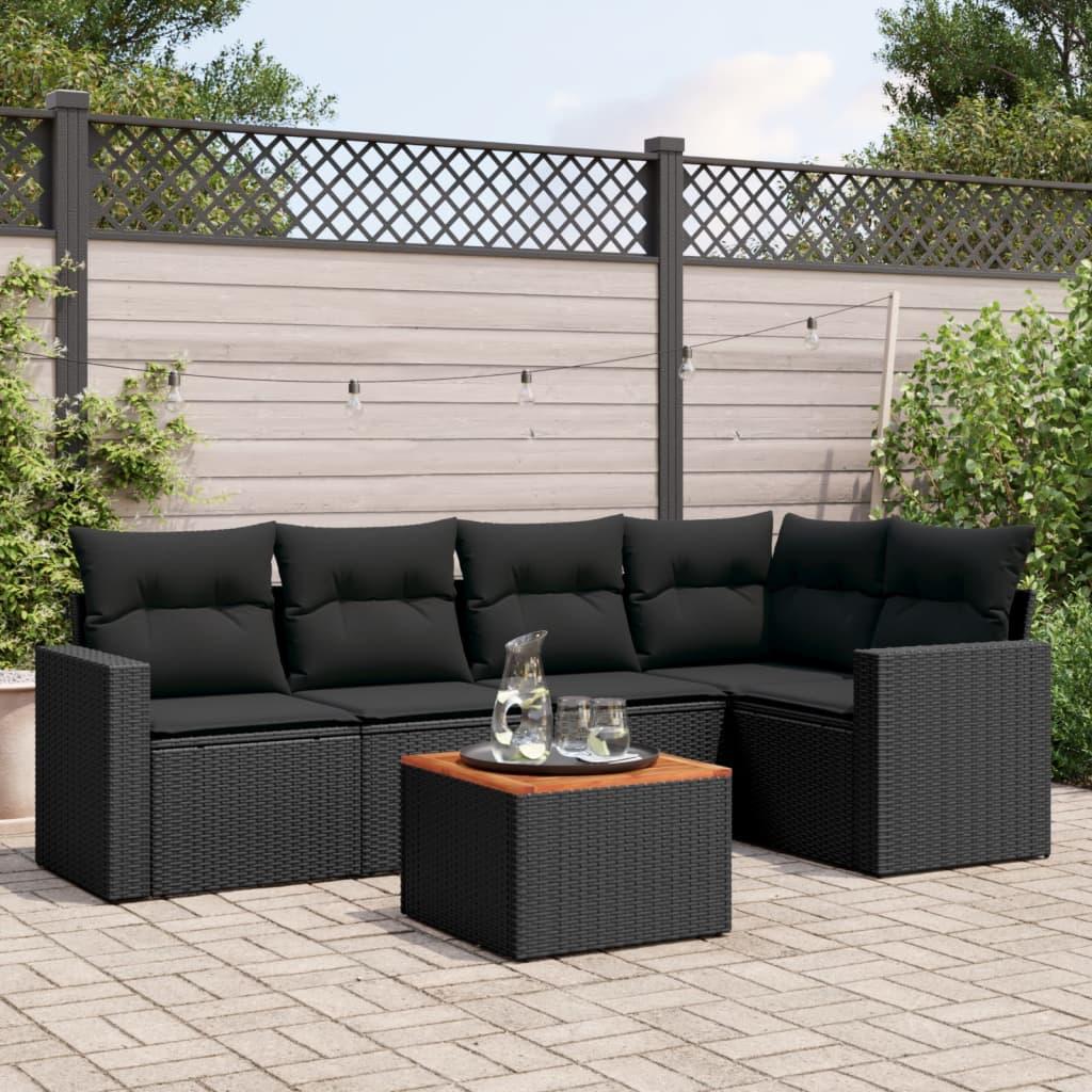 6 Piece Garden Sofa Set with Cushions Black Poly Rattan