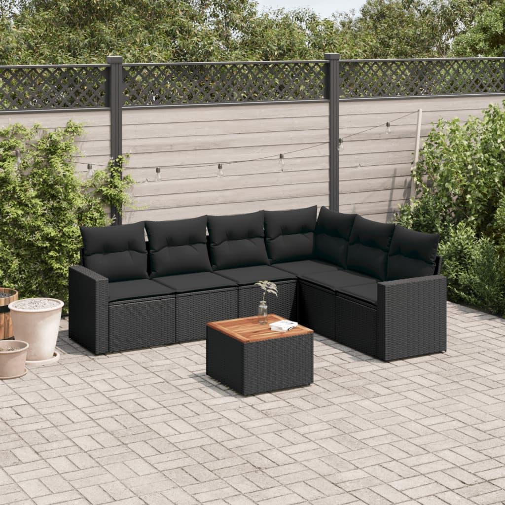 7 Piece Garden Sofa Set with Cushions Black Poly Rattan