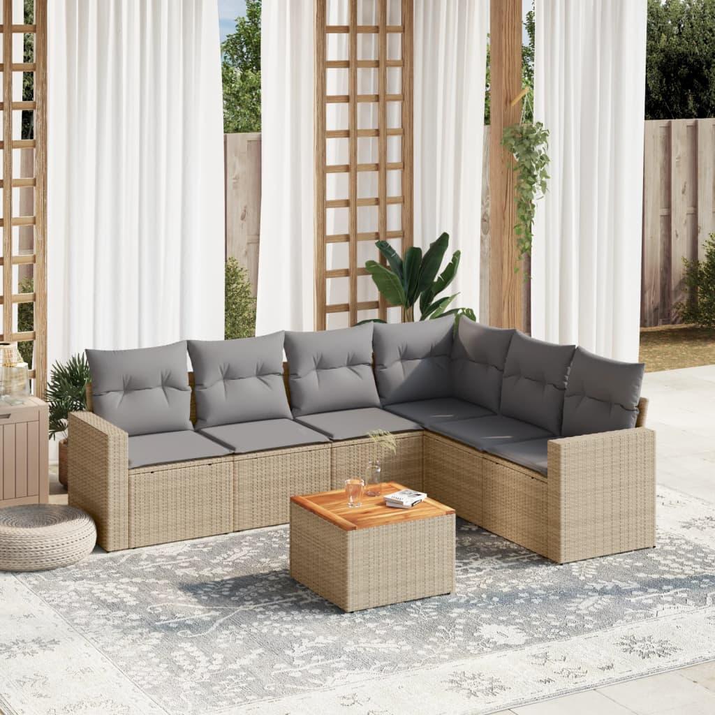 7 Piece Garden Sofa Set with Cushions Beige Poly Rattan