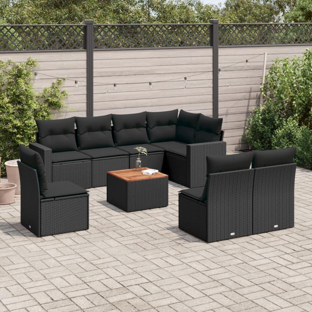 9 Piece Garden Sofa Set with Cushions Black Poly Rattan
