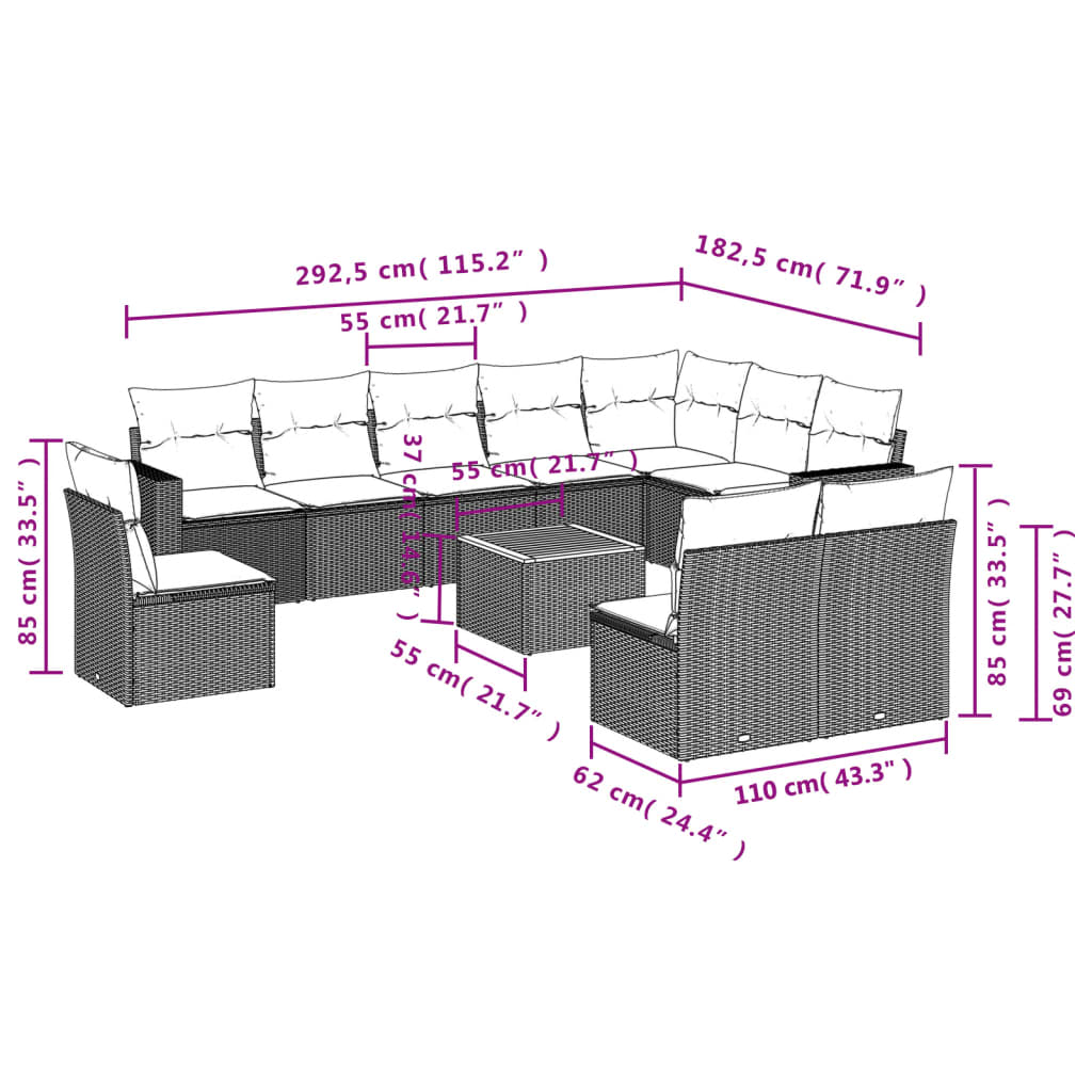 11 Piece Garden Sofa Set with Cushions Grey Poly Rattan