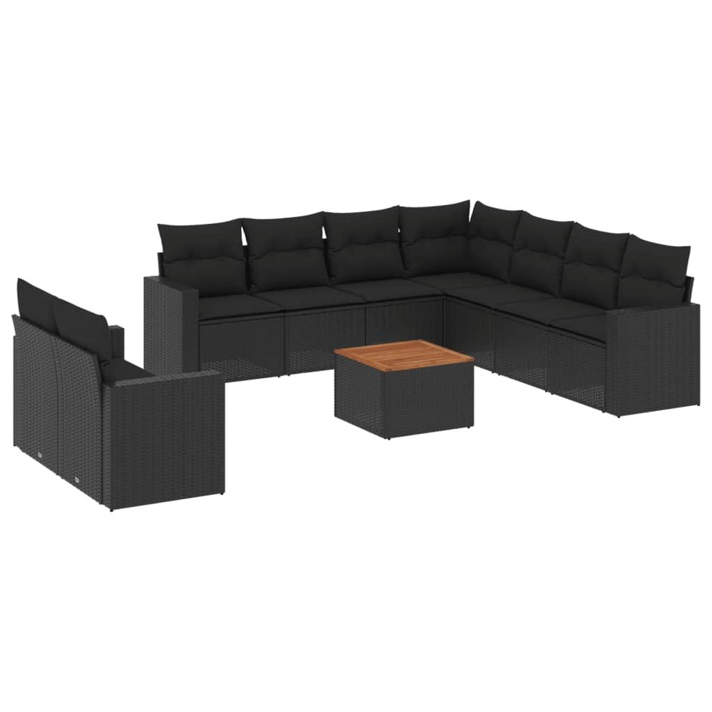 10 Piece Garden Sofa Set with Cushions Black Poly Rattan