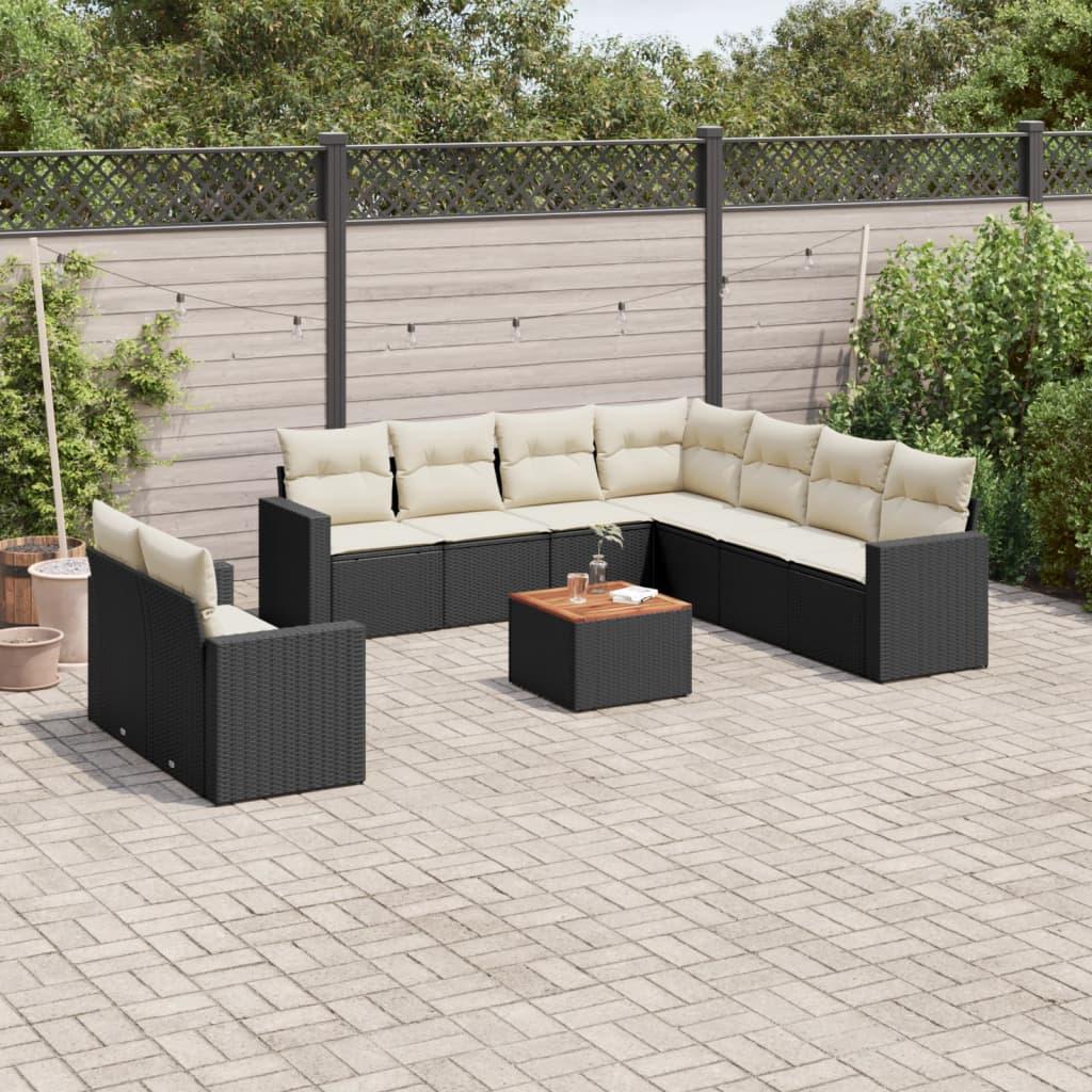 10 Piece Garden Sofa Set with Cushions Black Poly Rattan