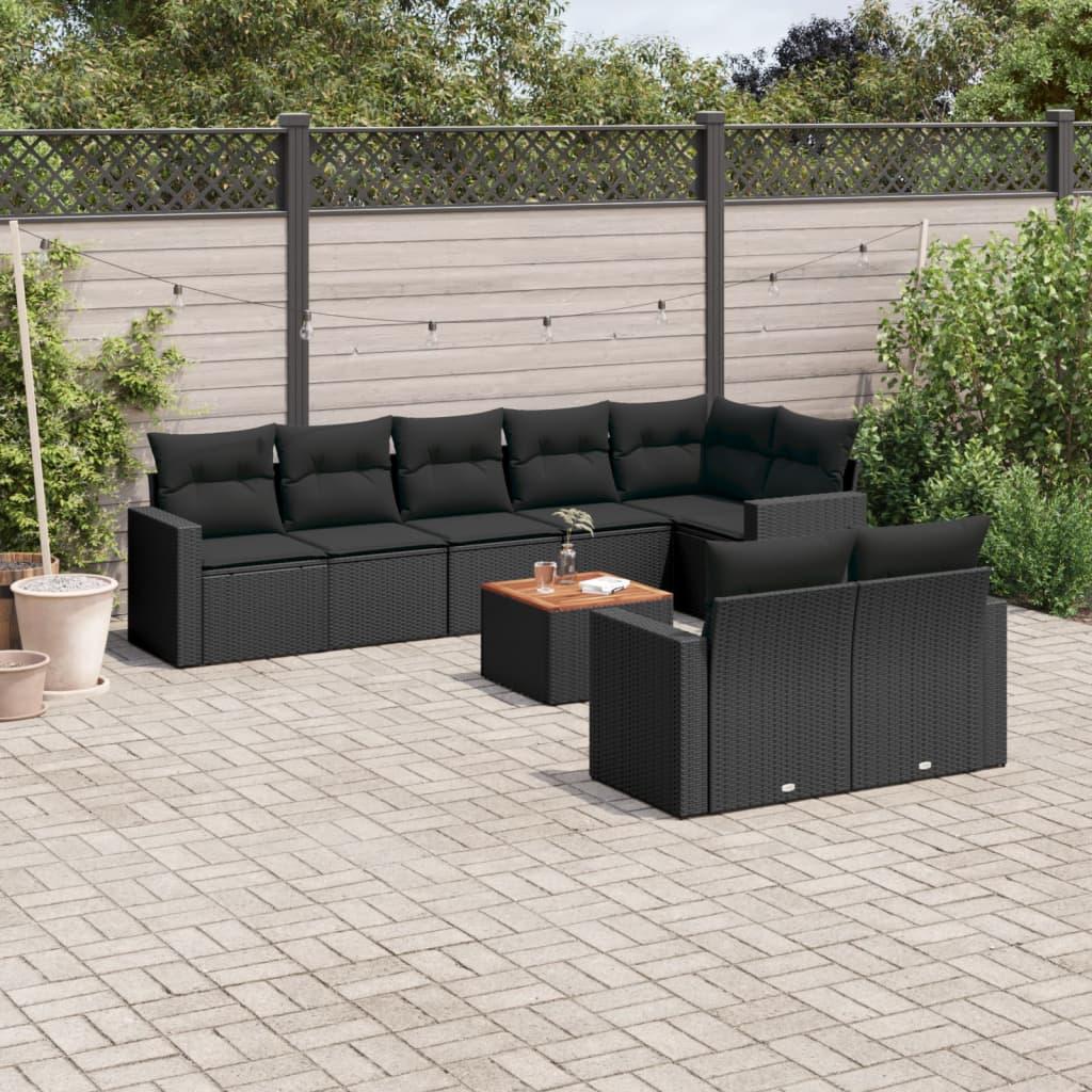 9 Piece Garden Sofa Set with Cushions Black Poly Rattan