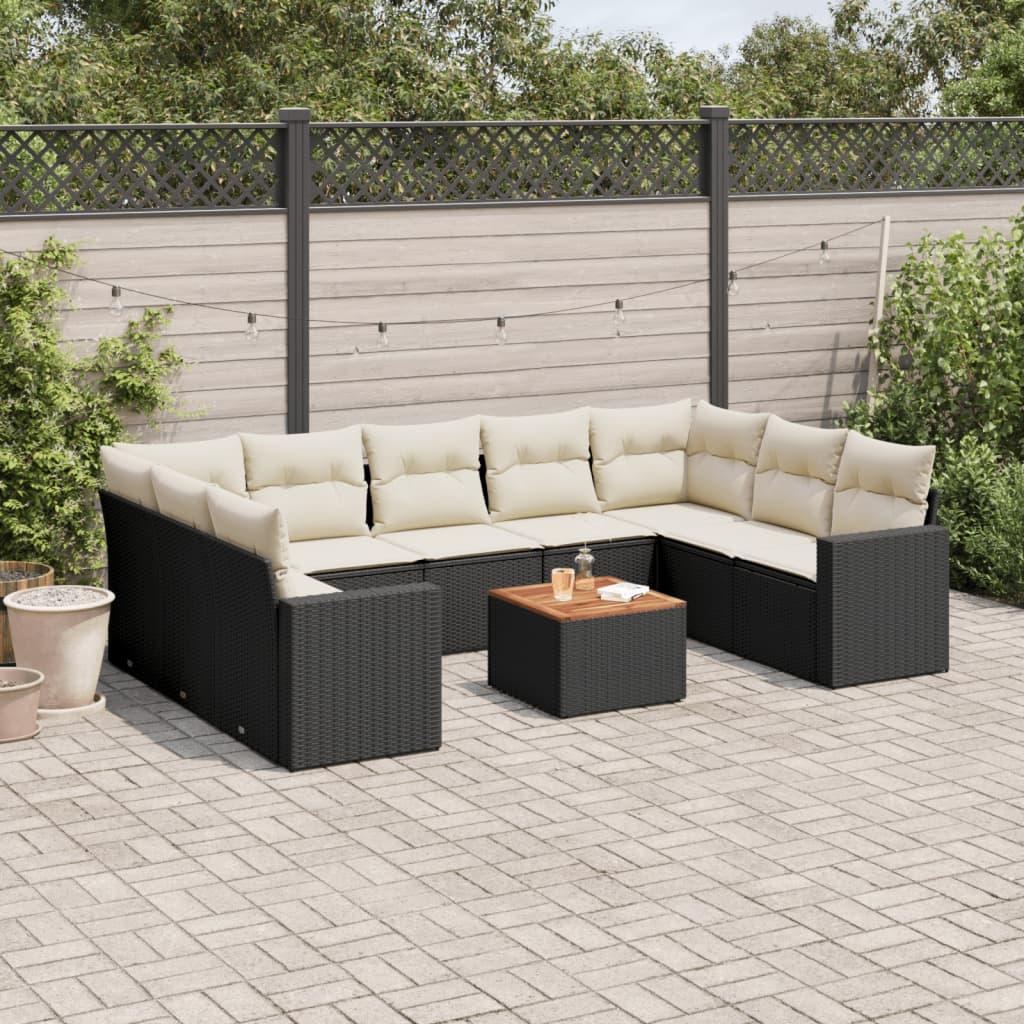 10 Piece Garden Sofa Set with Cushions Black Poly Rattan