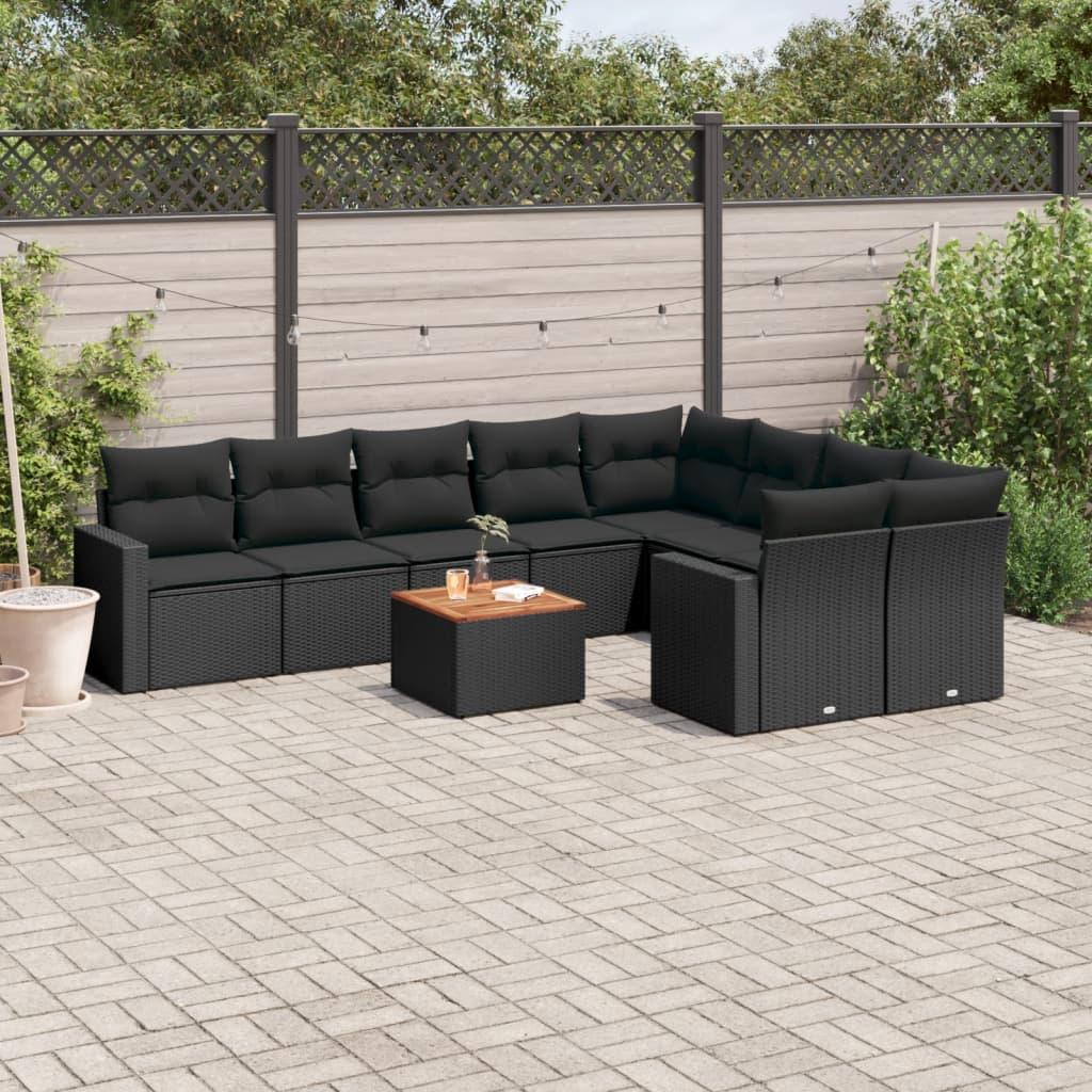 10 Piece Garden Sofa Set with Cushions Black Poly Rattan