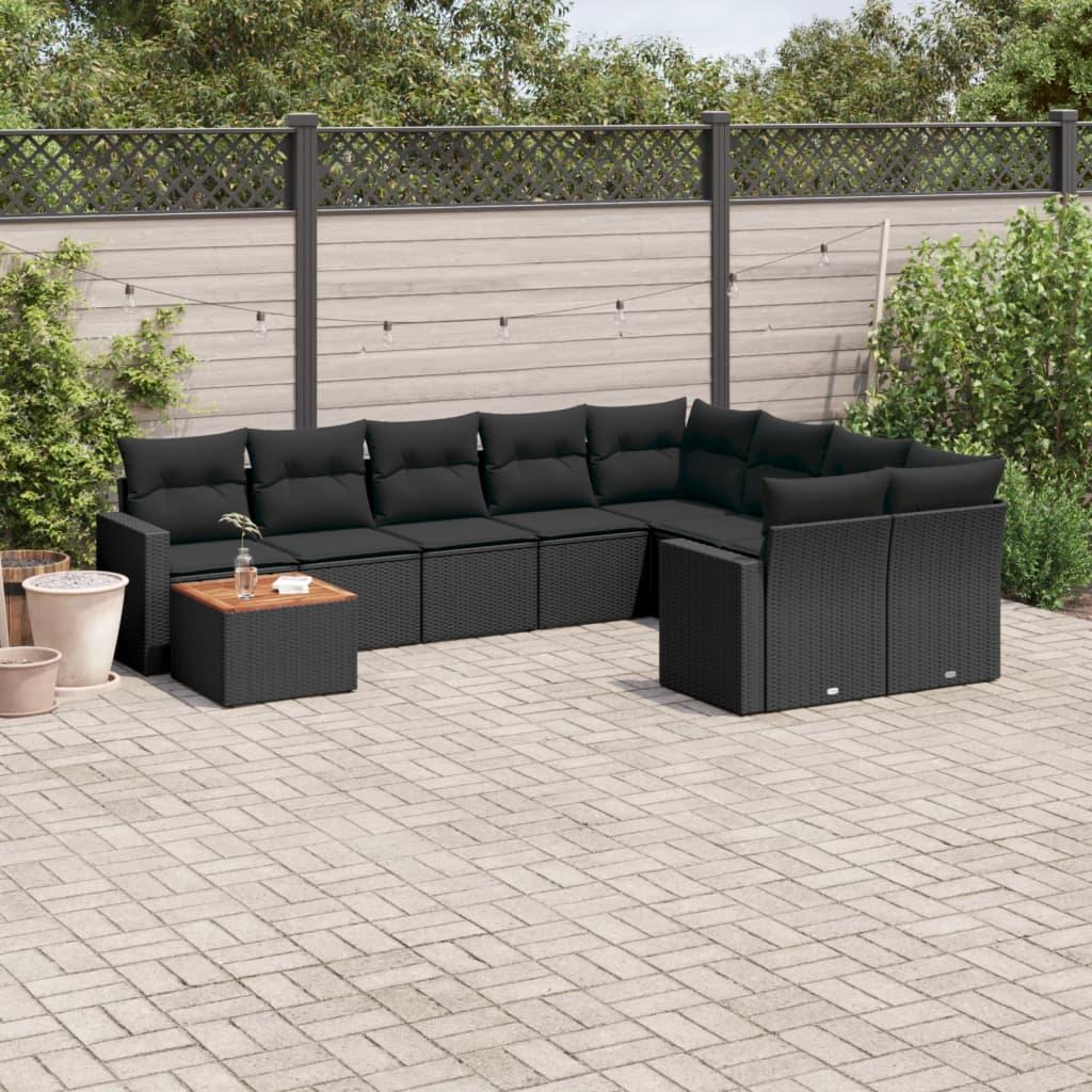 10 Piece Garden Sofa Set with Cushions Black Poly Rattan