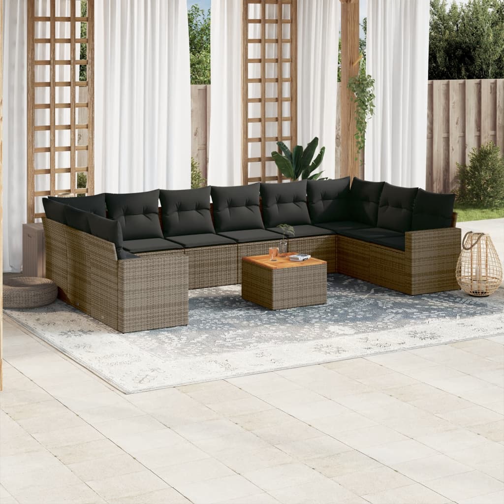 11 Piece Garden Sofa Set with Cushions Grey Poly Rattan