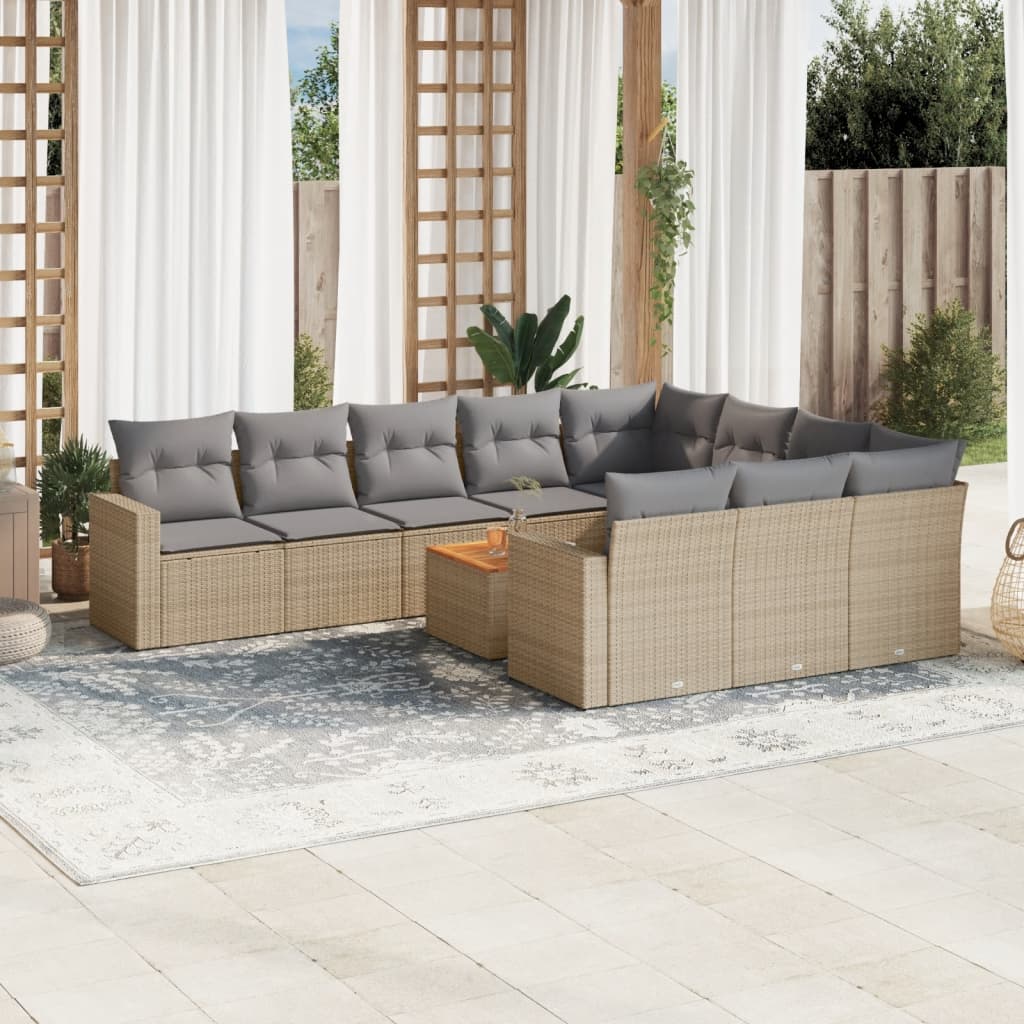 11 Piece Garden Sofa Set with Cushions Beige Poly Rattan