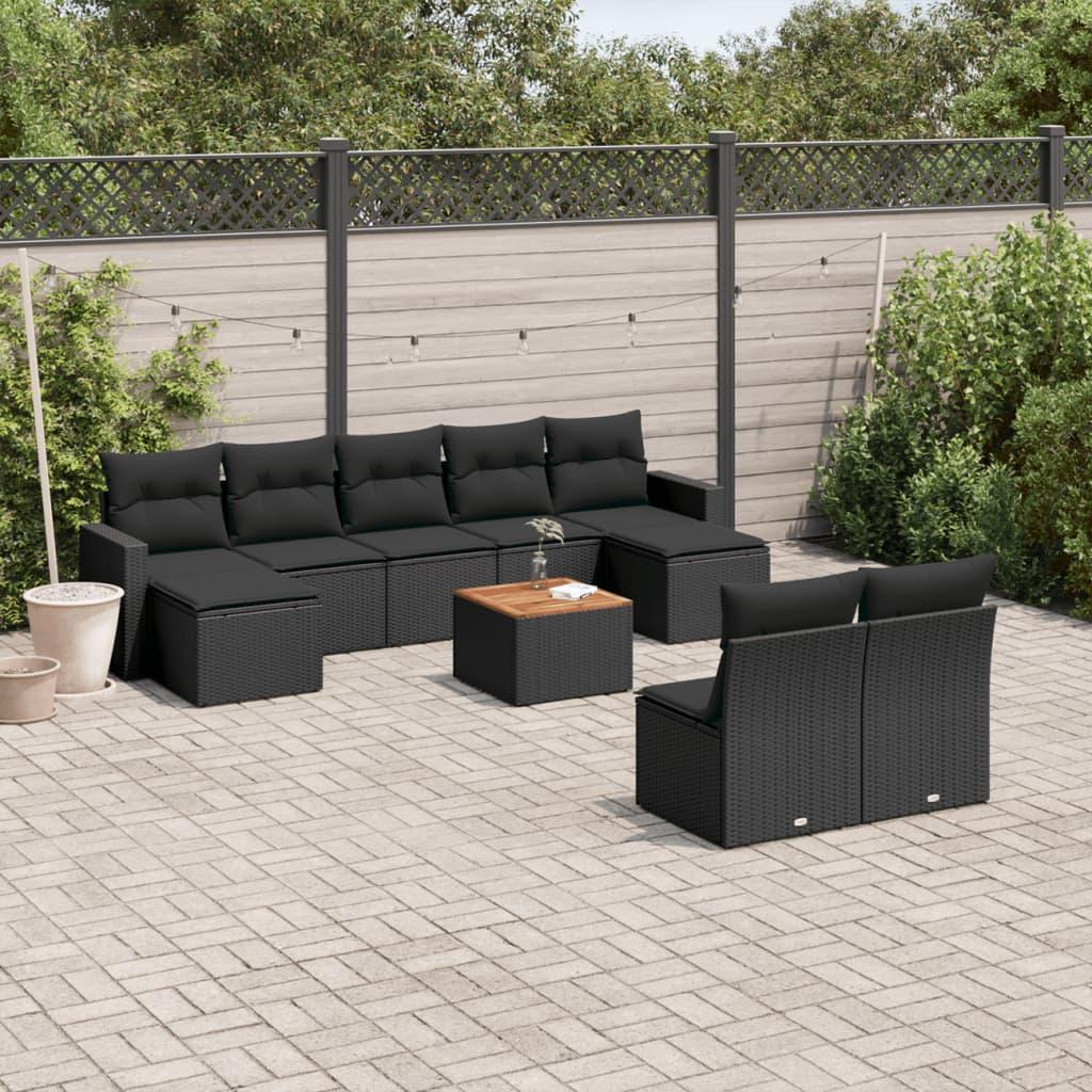 10 Piece Garden Sofa Set with Cushions Black Poly Rattan