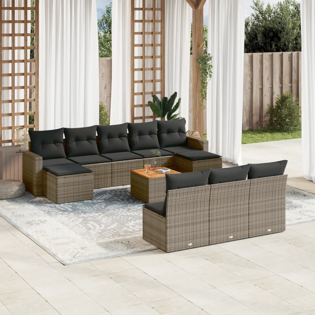 11 Piece Garden Sofa Set with Cushions Grey Poly Rattan