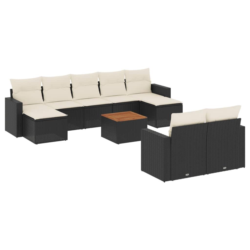 10 Piece Garden Sofa Set with Cushions Black Poly Rattan