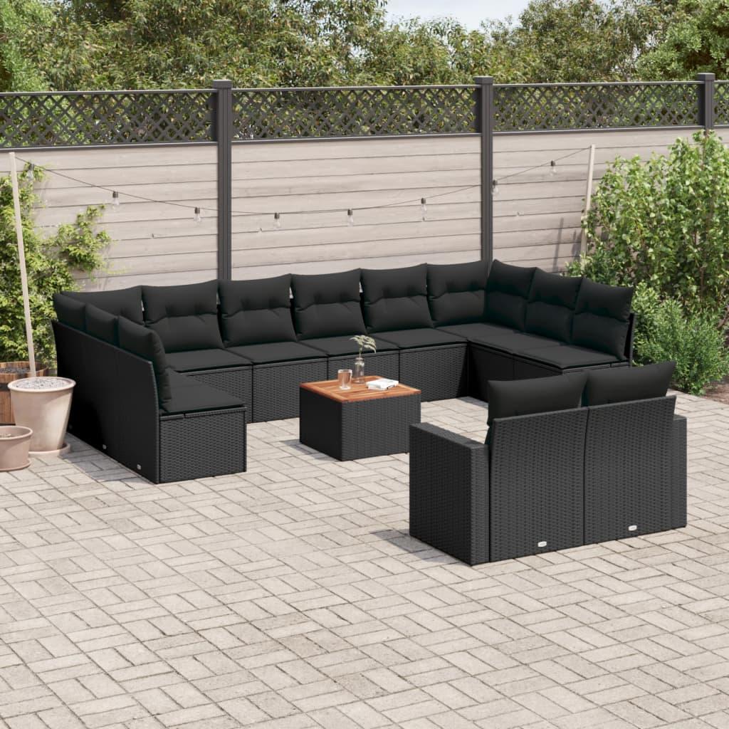 13 Piece Garden Sofa Set with Cushions Black Poly Rattan