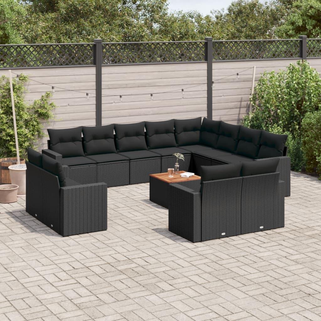 13 Piece Garden Sofa Set with Cushions Black Poly Rattan