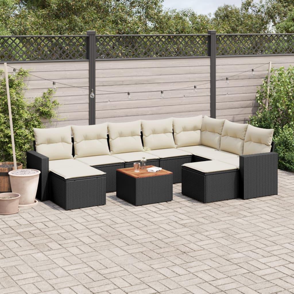 10 Piece Garden Sofa Set with Cushions Black Poly Rattan