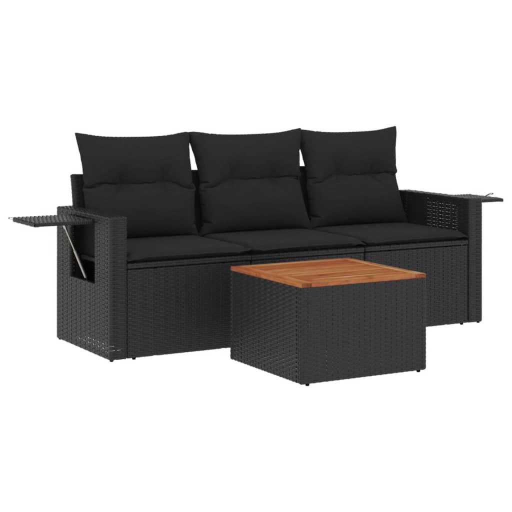 4 Piece Garden Sofa Set with Cushions Black Poly Rattan