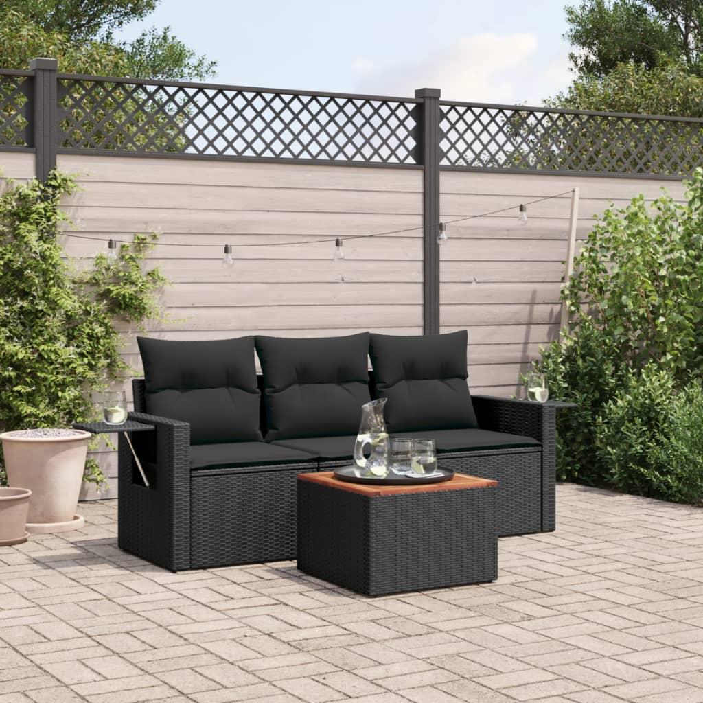 4 Piece Garden Sofa Set with Cushions Black Poly Rattan