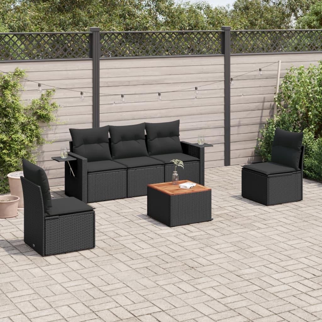 6 Piece Garden Sofa Set with Cushions Black Poly Rattan