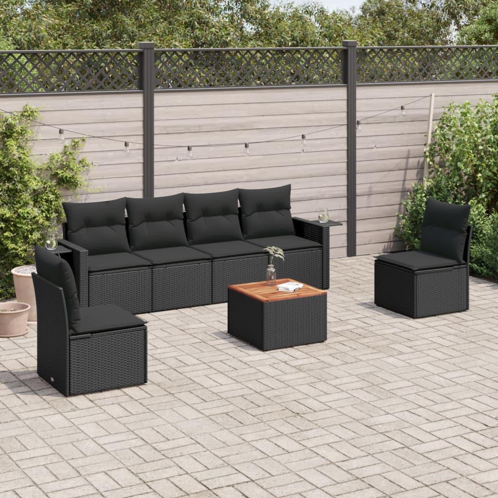 7 Piece Garden Sofa Set with Cushions Black Poly Rattan