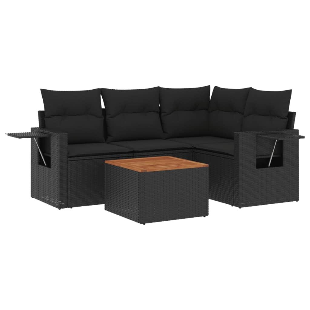 5 Piece Garden Sofa Set with Cushions Black Poly Rattan