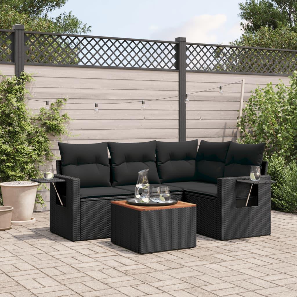 5 Piece Garden Sofa Set with Cushions Black Poly Rattan