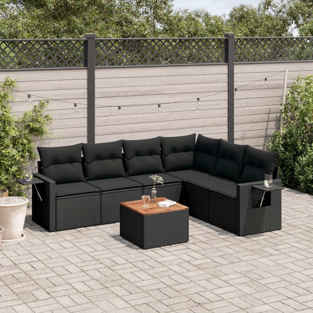 7 Piece Garden Sofa Set with Cushions Black Poly Rattan