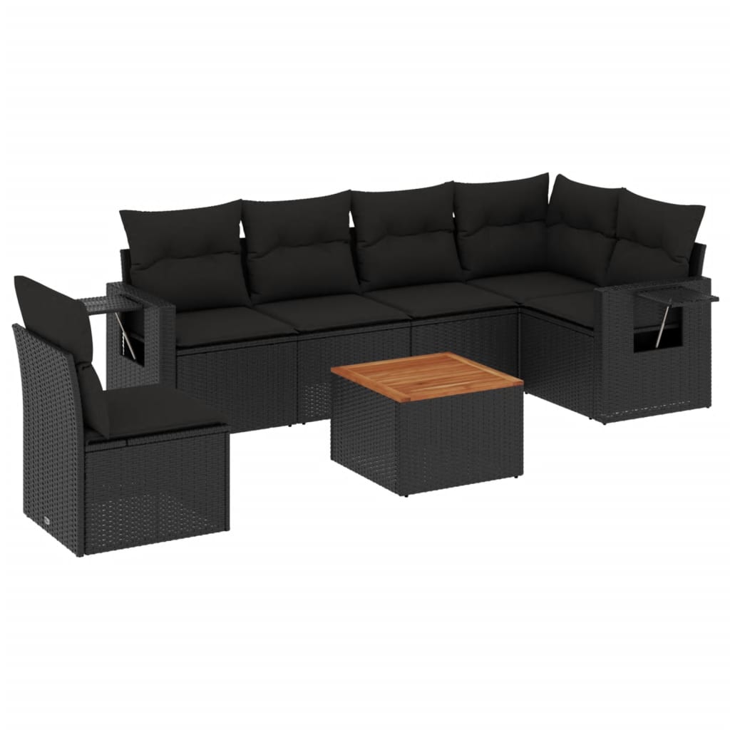 7 Piece Garden Sofa Set with Cushions Black Poly Rattan