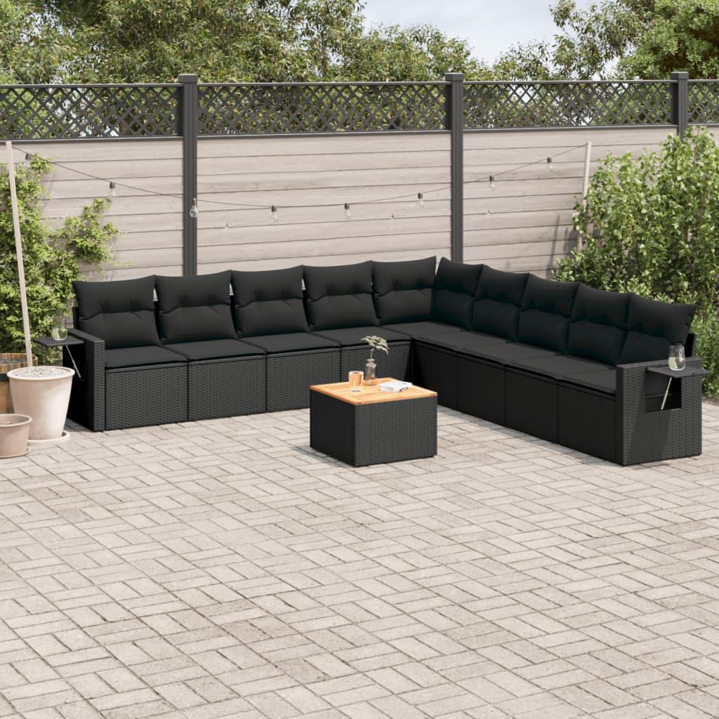 10 Piece Garden Sofa Set with Cushions Black Poly Rattan