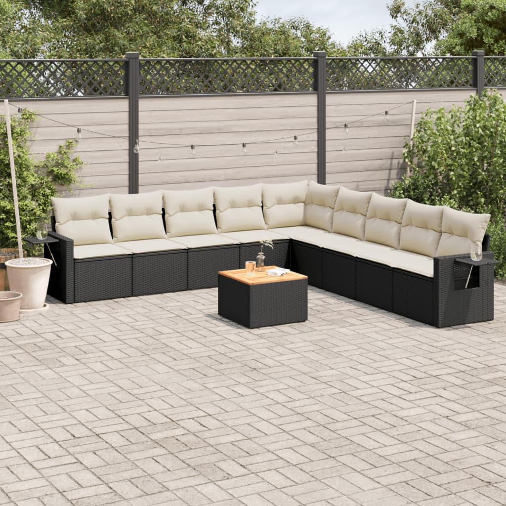 10 Piece Garden Sofa Set with Cushions Black Poly Rattan